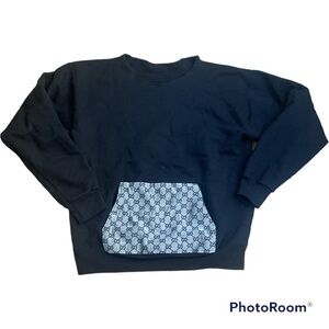 Black Cropped Raw Hem Sweatshirt Kangaroo Pocket Streetwear Size M Custom